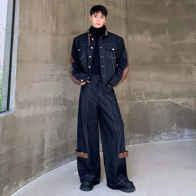 Thickened Denim PU Patchwork Pants Set