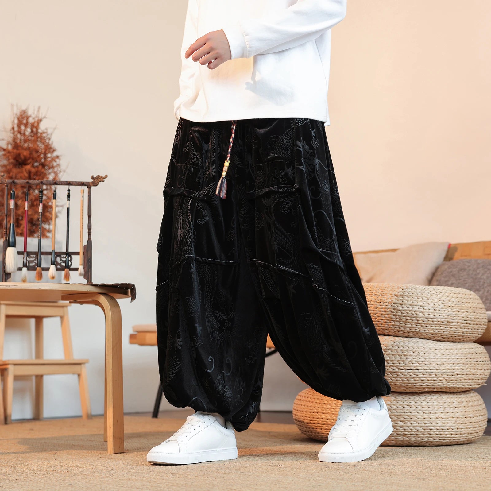Velvet Dragon Print Loose Pants