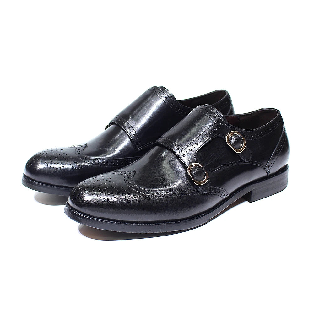 Genuine-Leather Double Buckle Monk Strap Shoes