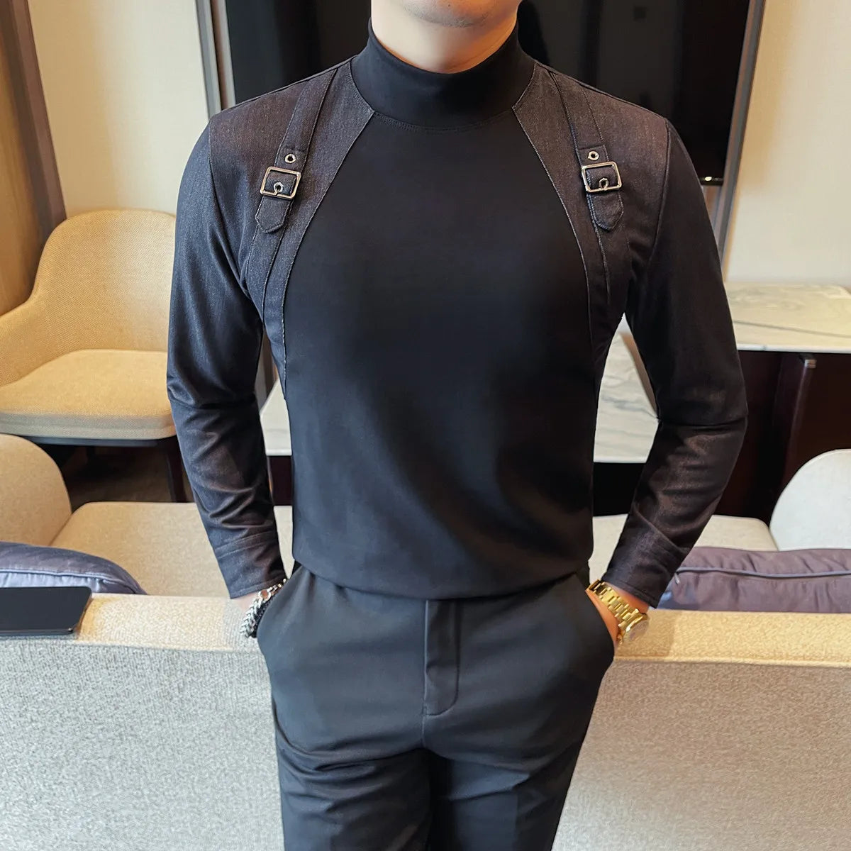 Strap Design Half High Collar T-Shirt