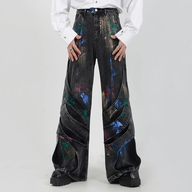 Black Color Paint Decor Loose Jeans