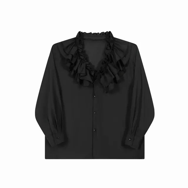 Solid Ruffled Collar Loose Shirt