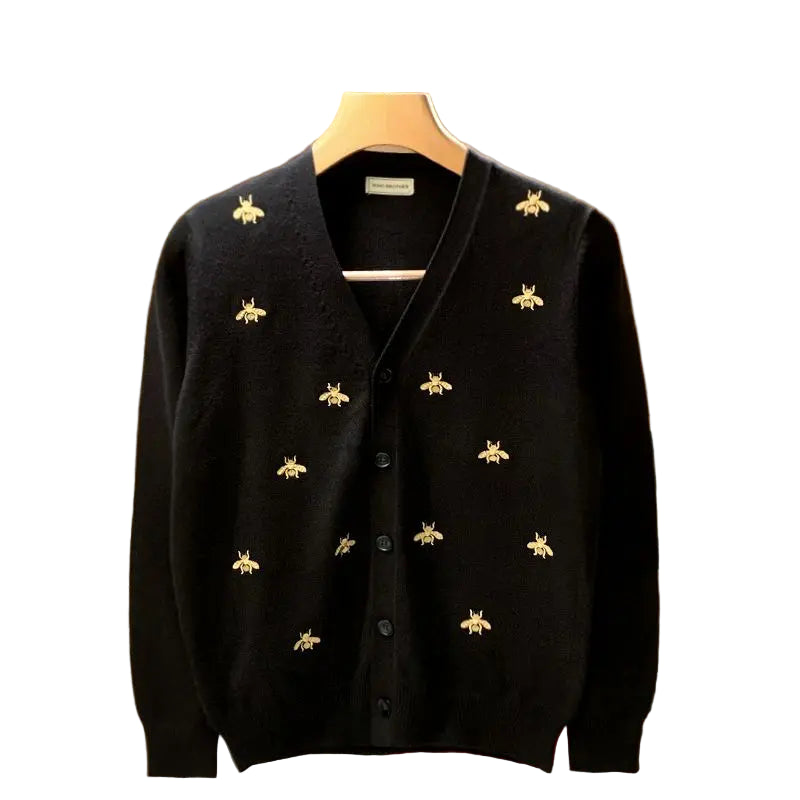 Embroidered Golden Bees V-Neck Cardigan