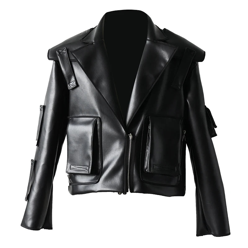 Black Soft Leather Multi Pockets Jacket