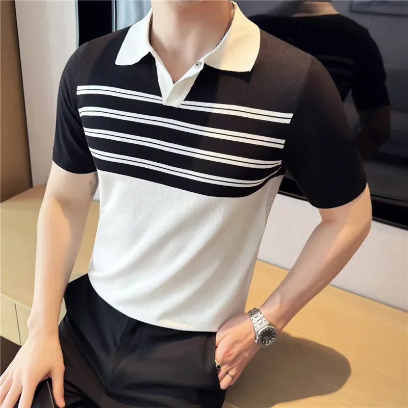 Spliced Knitted Striped Casual Polo Shirt