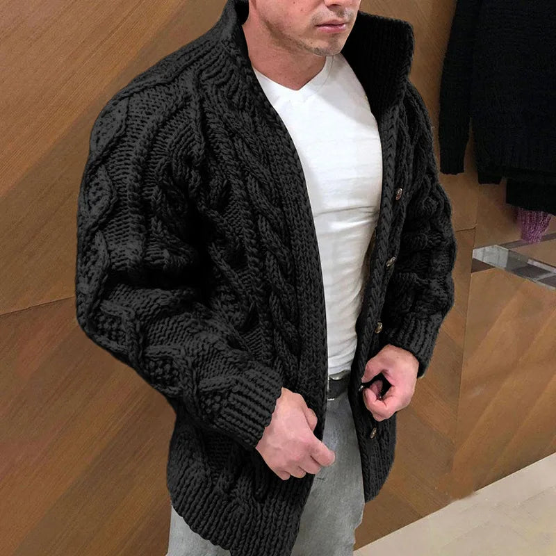 Solid Fitted Cable-knit Stand Collar Cardigan