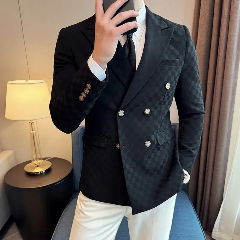 Double Breasted Checkered Men's Blazer