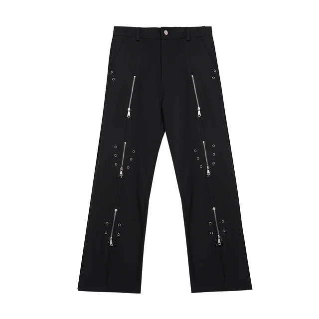 Multi-Zipper Metal Decoration Solid Pants