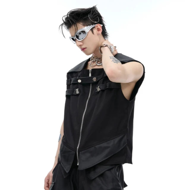 Black Spliced PU Leather Vest