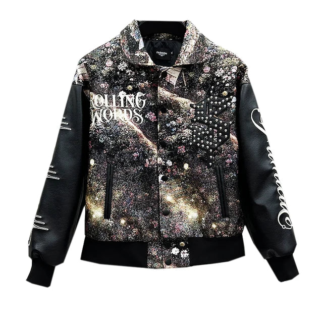 Abstract Embroidery Letter Spliced Jacket