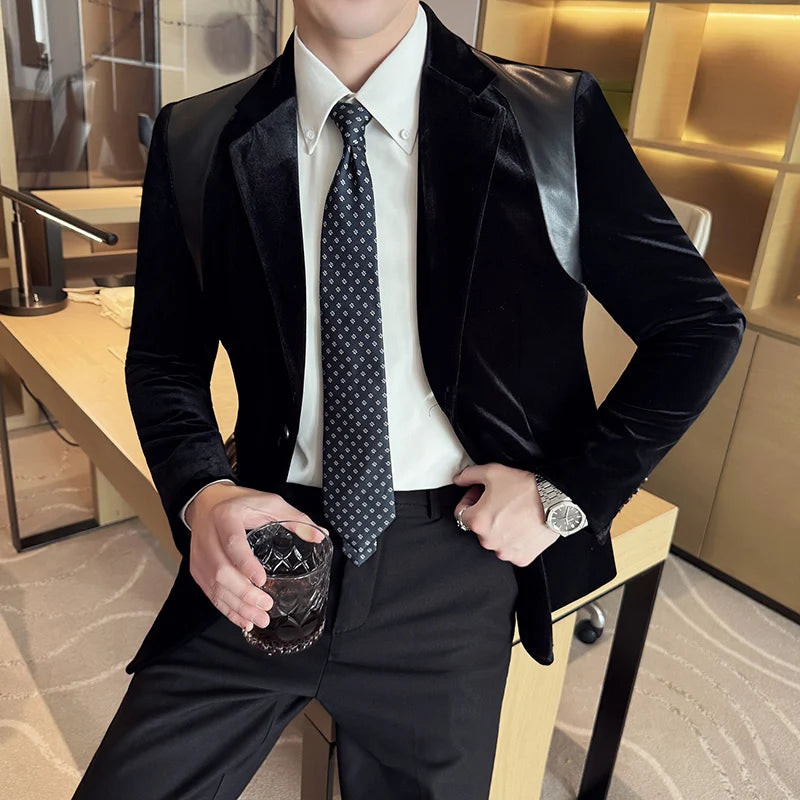 Velvet Leather Splicing Formal Blazer
