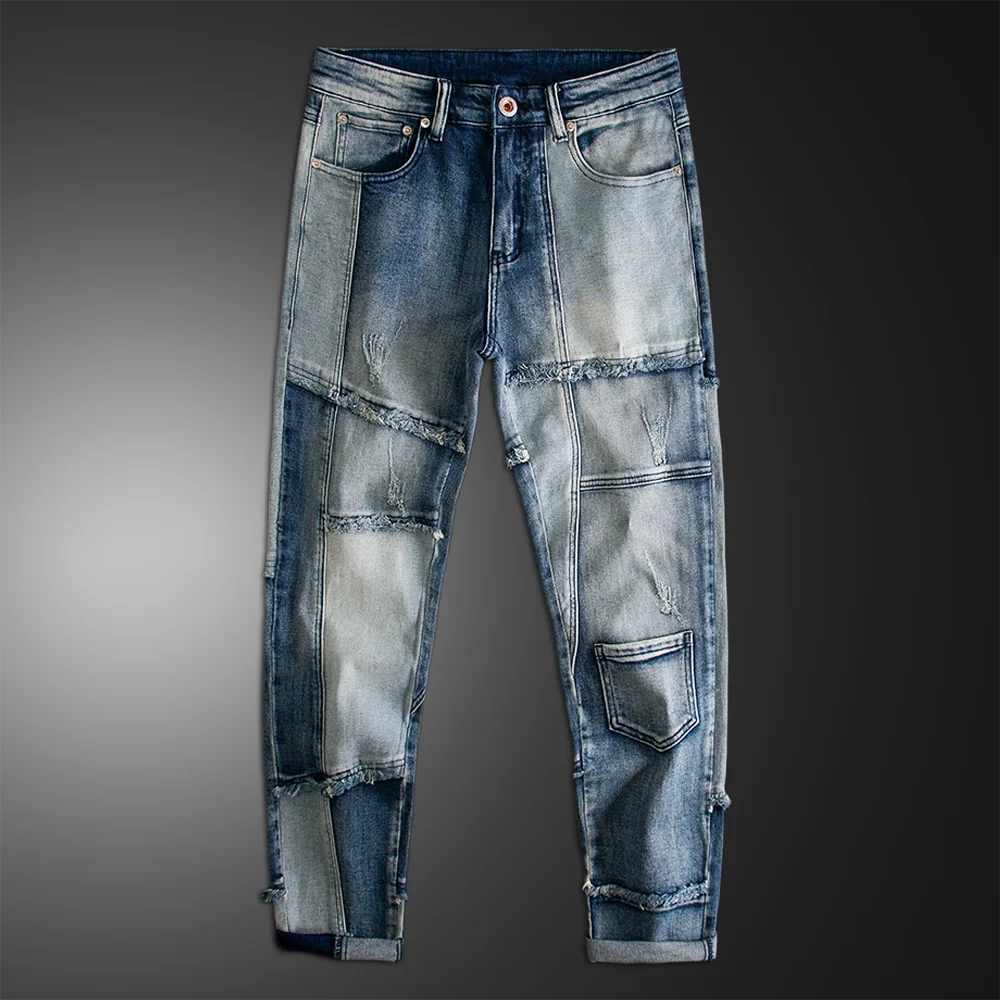 Streetwear Hip Hop Blue Patchwork Jeans