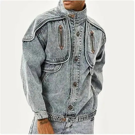 Stand Collar Distressed Denim Jacket