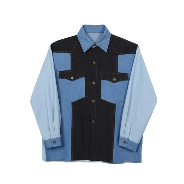 Casual Denim Patchwork Lapel Shirt