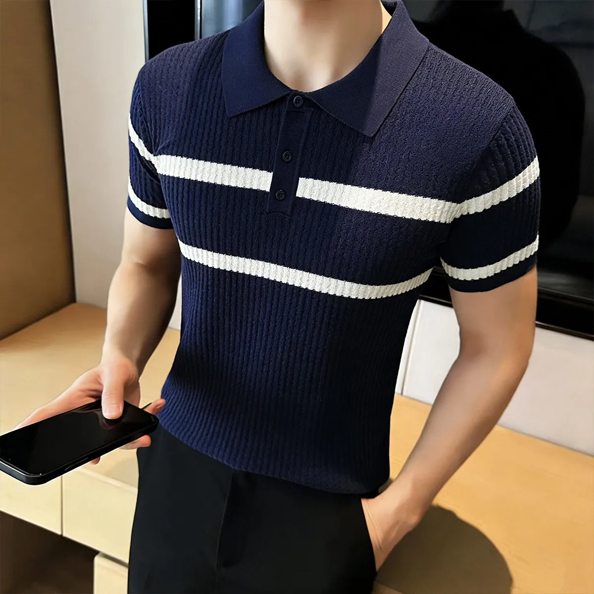 Short Sleeved Stripes Knitted Polo Shirt