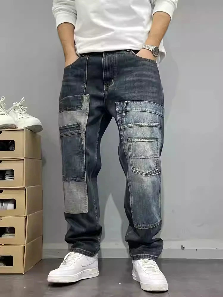 Patchwork Pockets Straight Leg Jeans
