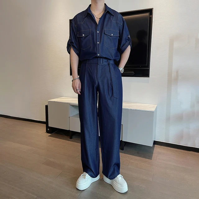 Casual Solid Denim Shirt Pants Set