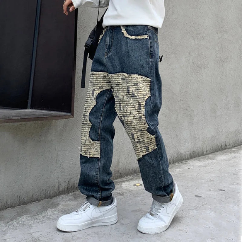 Industrial Retro Blue Patchwork Jeans