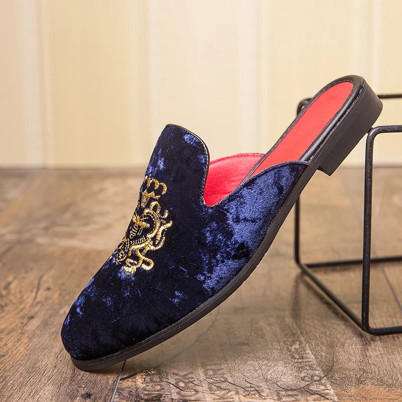Embroidered Velvet Upper Mules Shoes