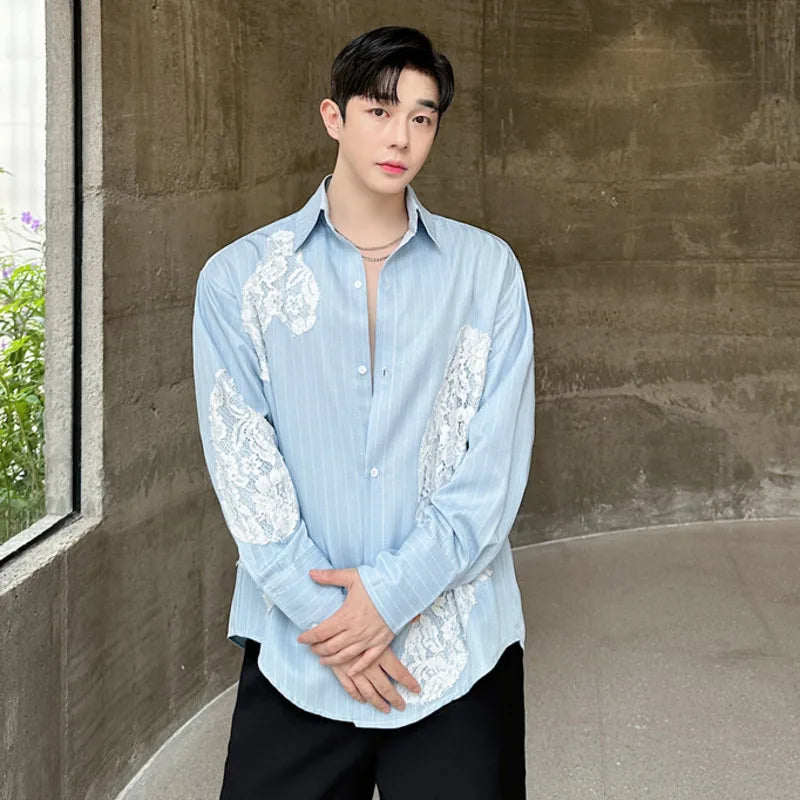 Lace Patchwork Blue Color Men's Shirt