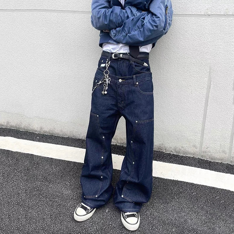 Metal Rivets Double Waistband Jeans