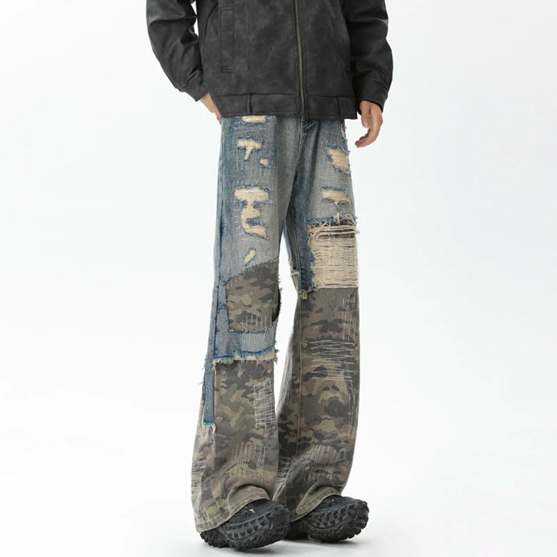 Ripped Camouflage Patchwork Denim Jeans