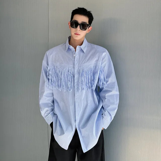 Blue Color Long Sleeve Tassels Shirt