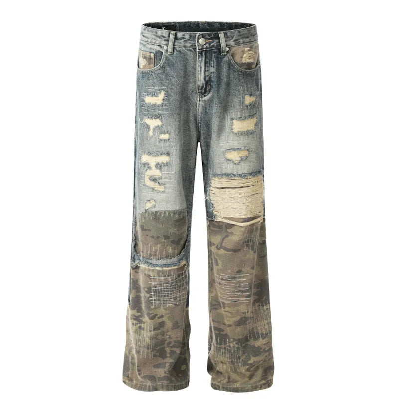 Patchwork Camouflage Worn-Out Straight Jeans