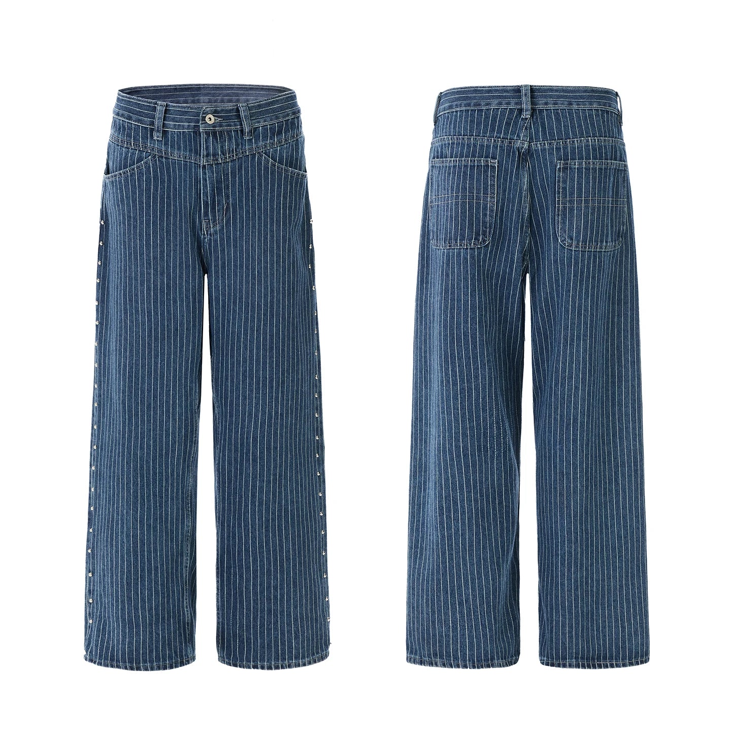 Blue Striped Side Seam Beaded Jeans