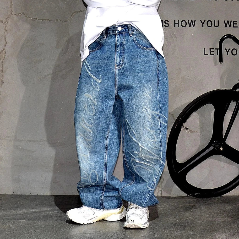 Cursive Script Embroidery Wide Leg Jeans