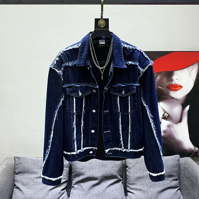 Ripped Fur Edge Long Sleeve Denim Jacket