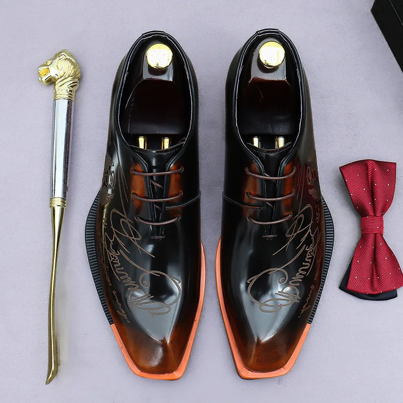 Handmade Engraving Black Genuine Leather Shoes