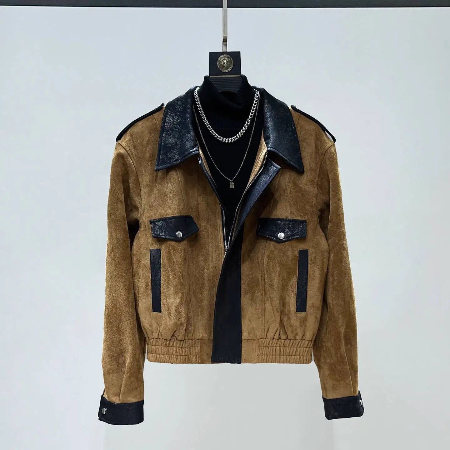 Patchwork Color-Block Lapel Suede Jacket