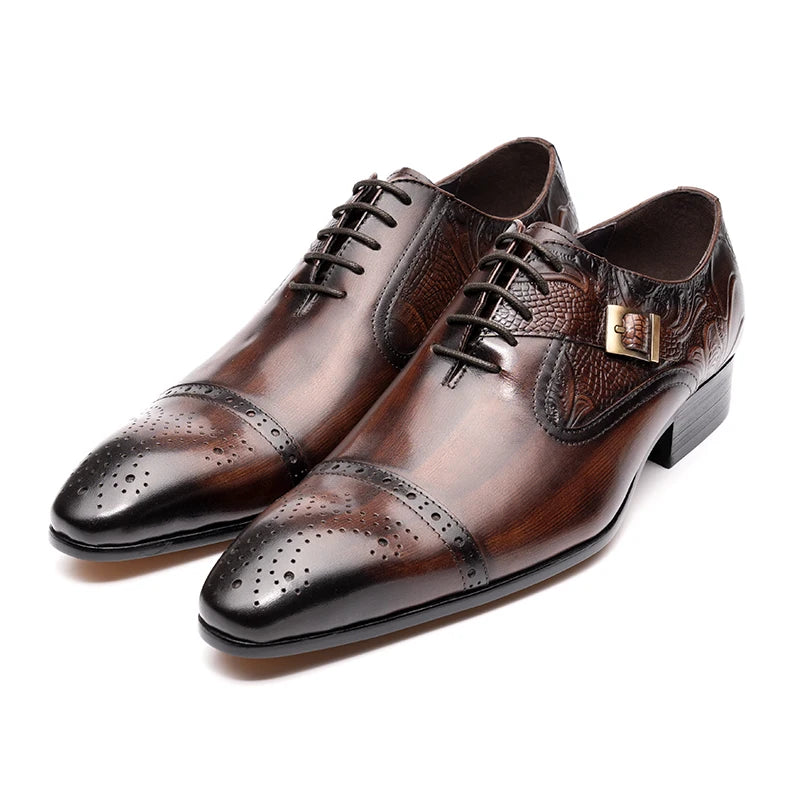 Brown Floral Engraving Genuine Leather Shoes