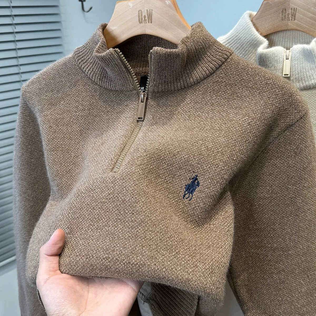 Solid Embroidery Half Zip Stand Collar Sweater