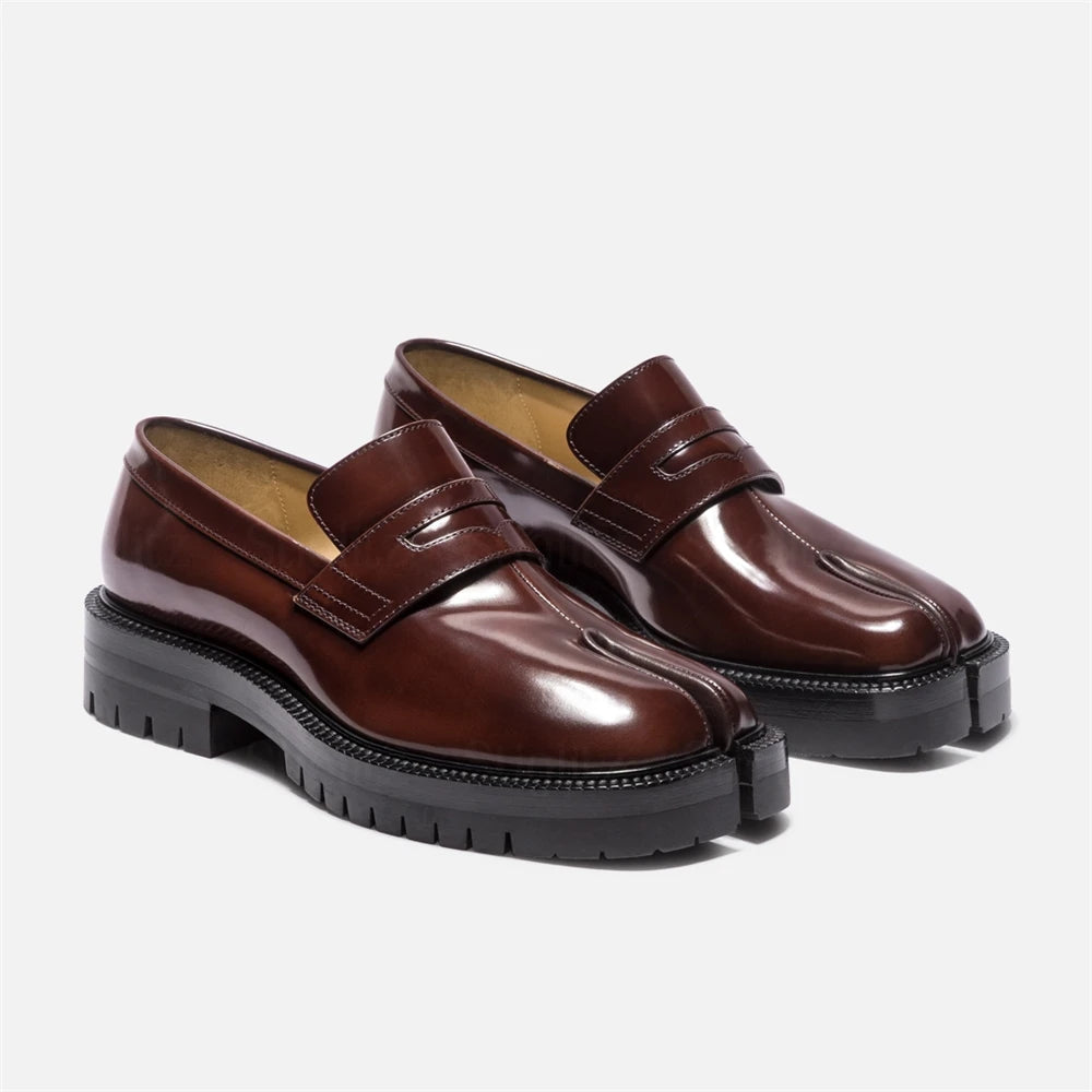 Square-Toe Leather Platform Tabi Loafers