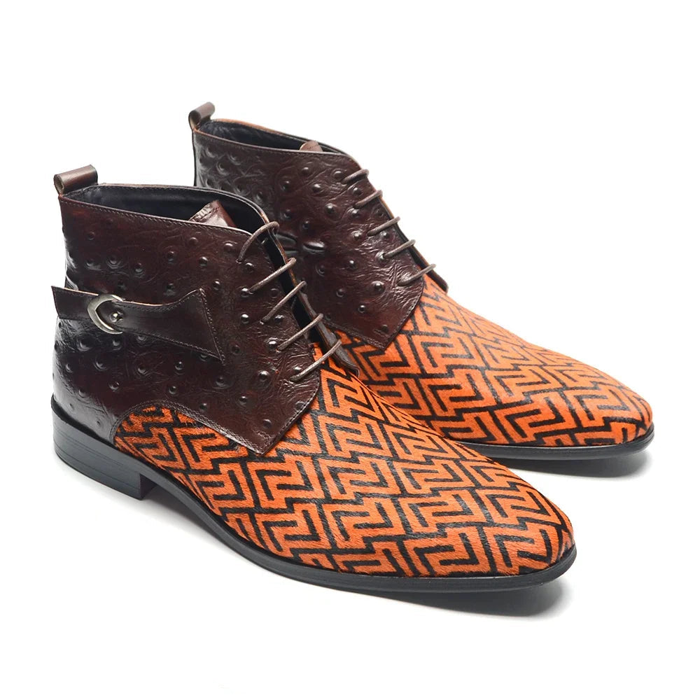 Horse Hair Brown Buckle Ankle Boots