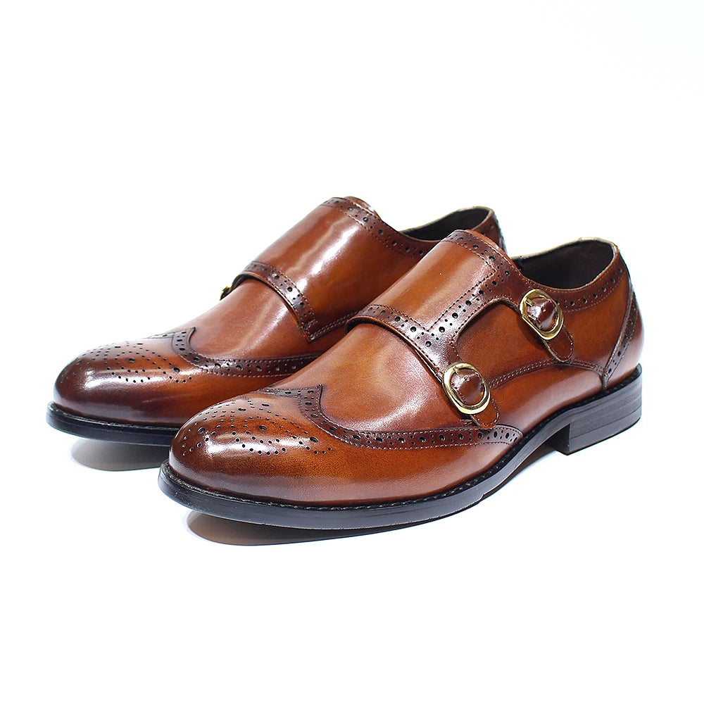 Genuine-Leather Double Buckle Monk Strap Shoes