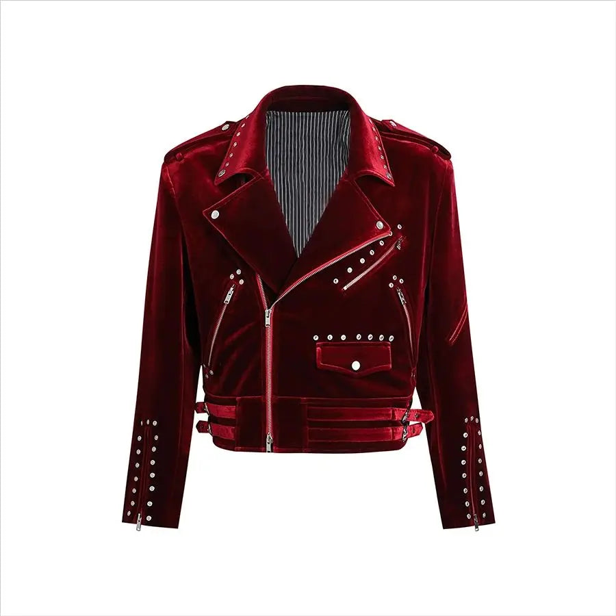 Solid Burgundy Velvet Moto & Biker Jacket