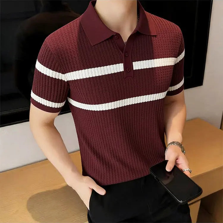 Short Sleeved Stripes Knitted Polo Shirt