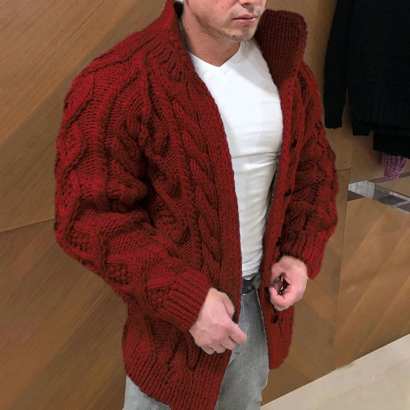 Solid Fitted Cable-knit Stand Collar Cardigan