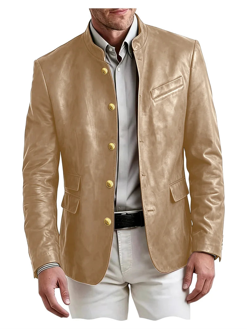 Golden Metal Buttons Leather Jacket