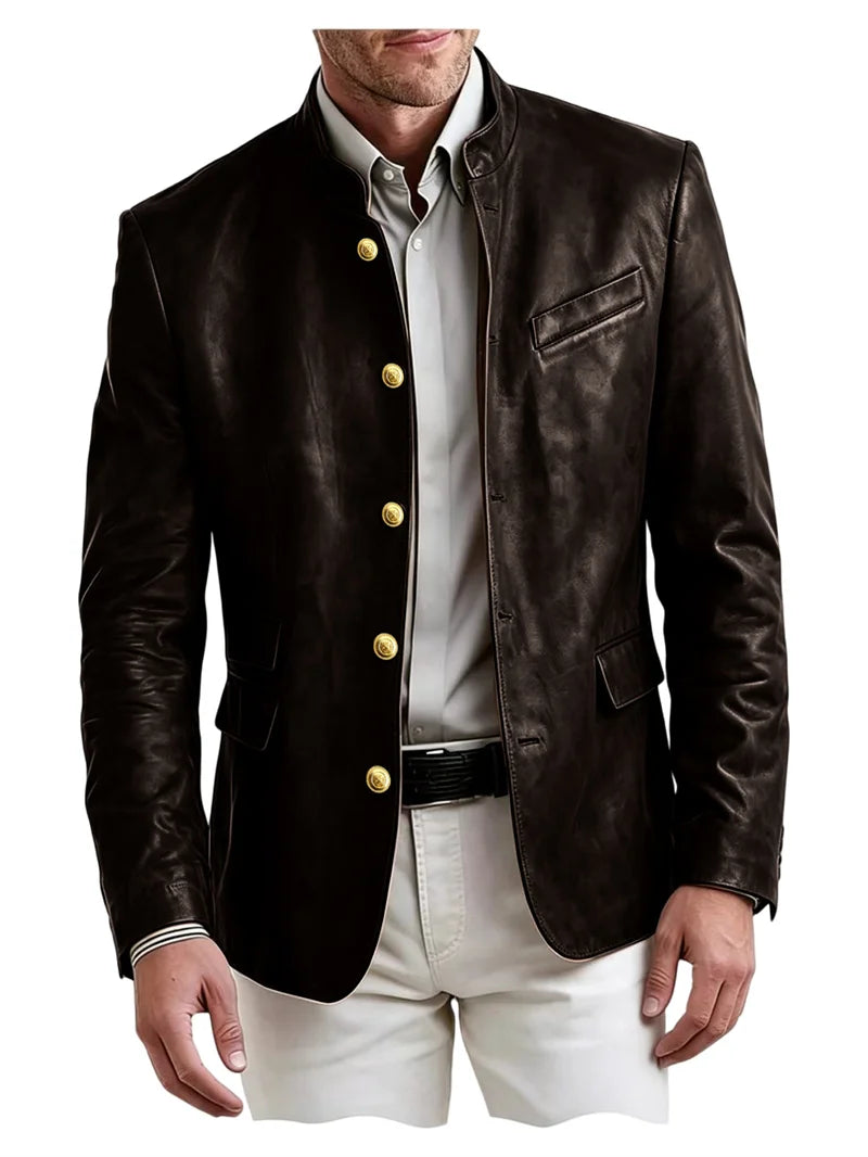 Golden Metal Buttons Leather Jacket