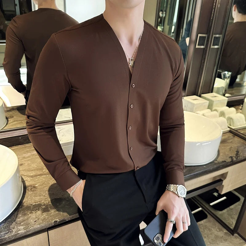 Buttoned V-Neck Long Sleeve Shirt