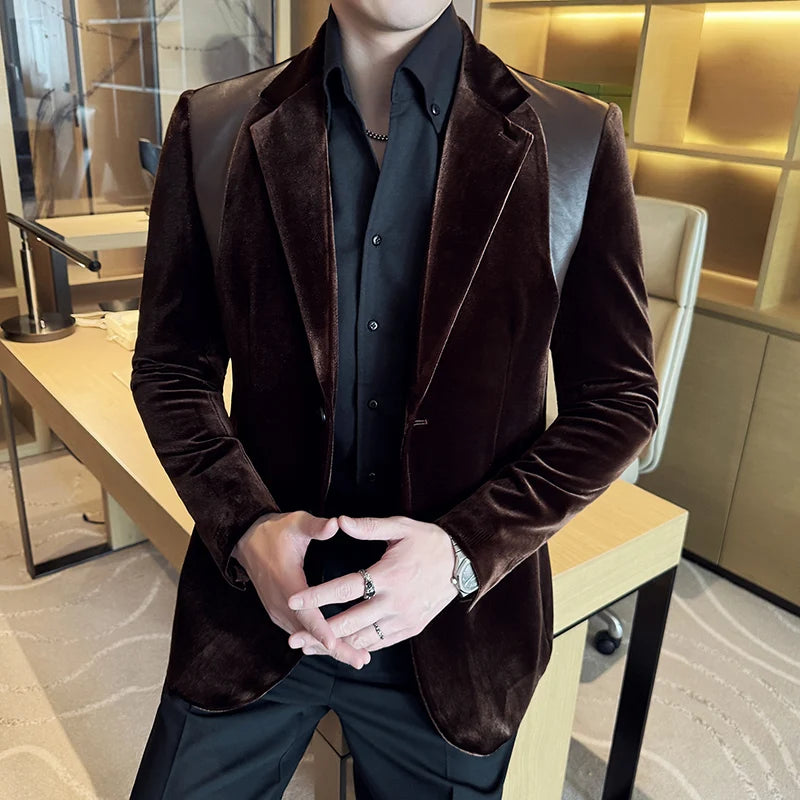 Velvet Leather Splicing Formal Blazer