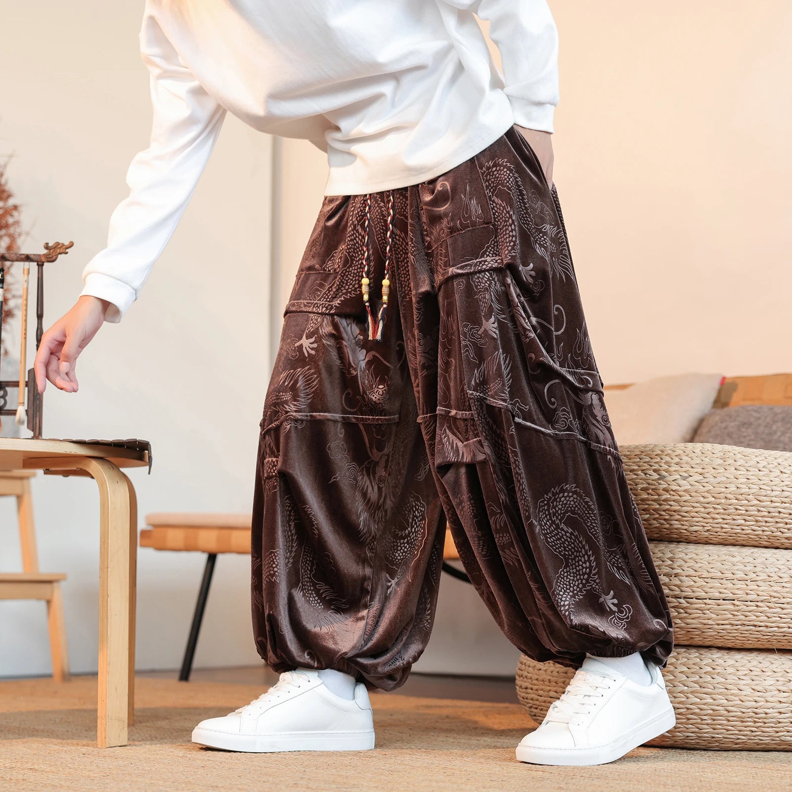 Velvet Dragon Print Loose Pants