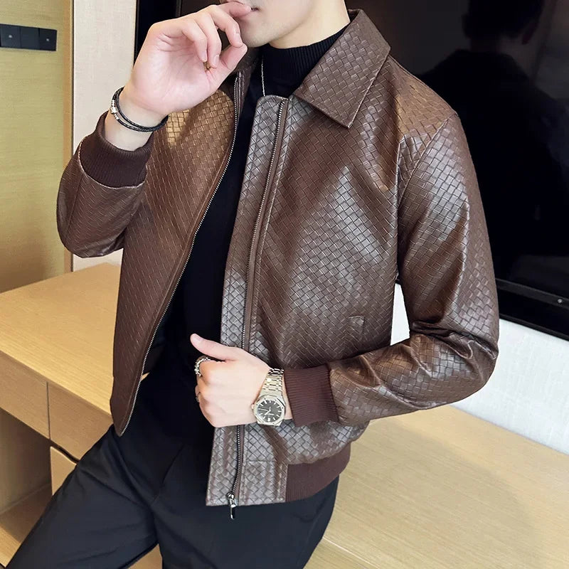 Woven PU Leather Casual Jacket