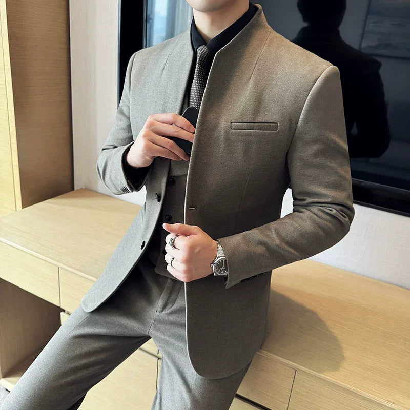 Stand-Up Collar Woolen Solid Suit