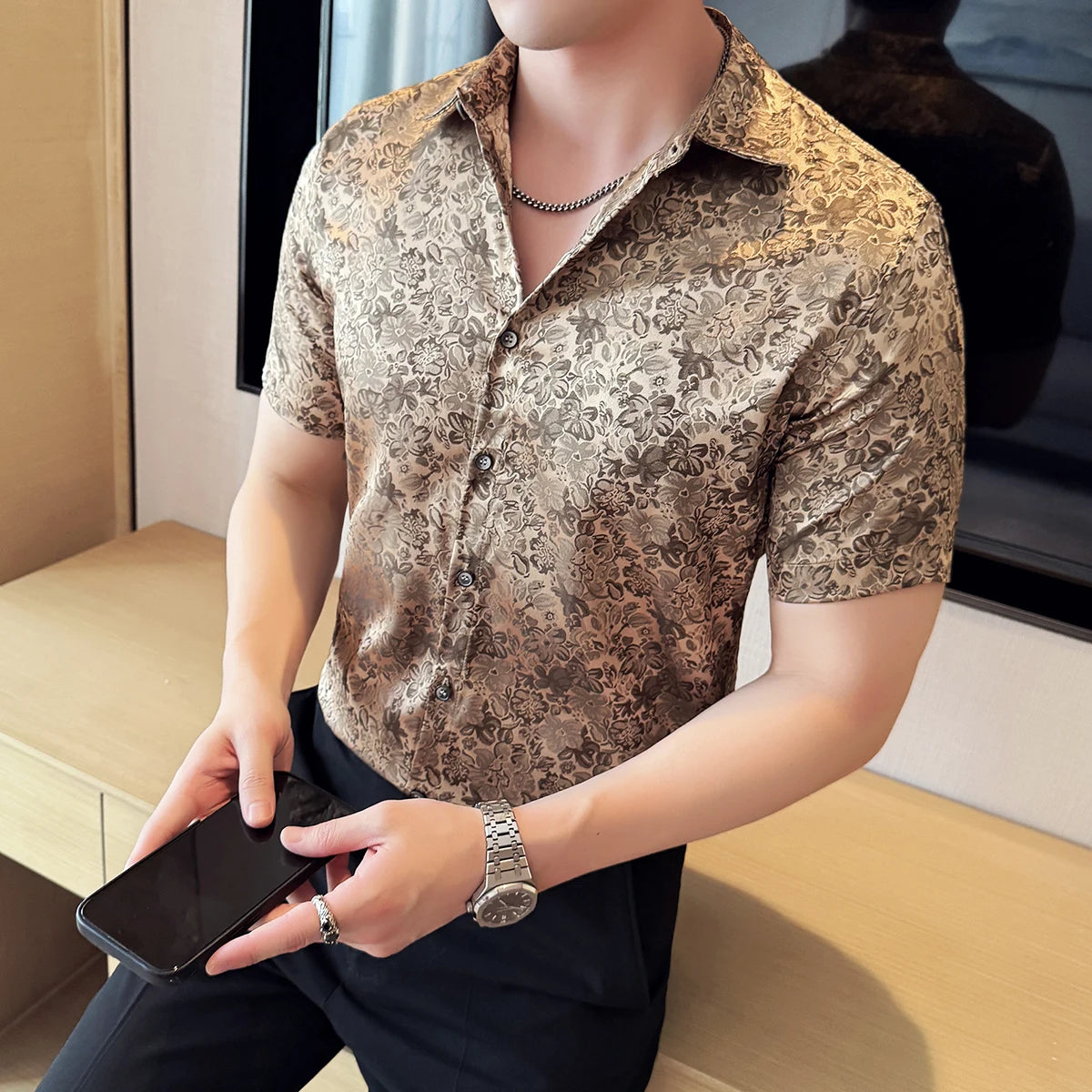 Ice Silk Flower Men's Short Sleeve Shirt