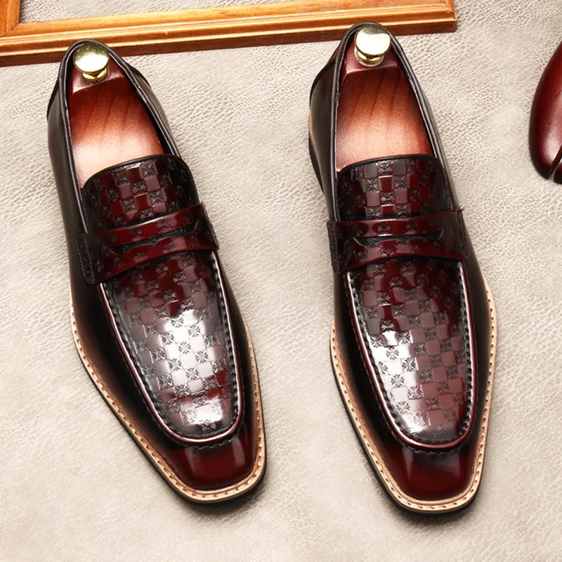 Geometric Pattern Genuine Leather Men's Loafers